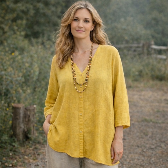 Flax Tops - FLAX Women’s Lithuanian Linen Yellow Button Front Cardigan Lagenlook Size Small